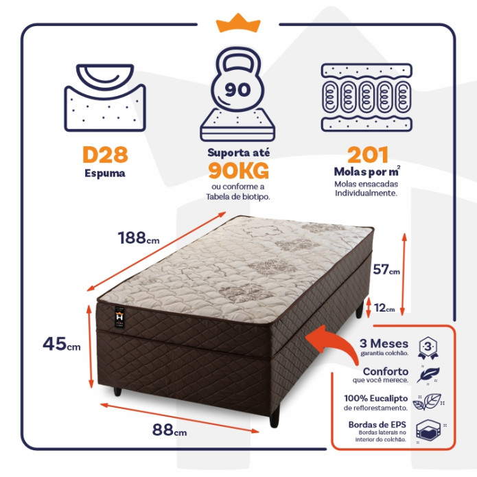 Conjugado Mônaco Solteiro Molas Ensacadas 88x188x57 Marrom