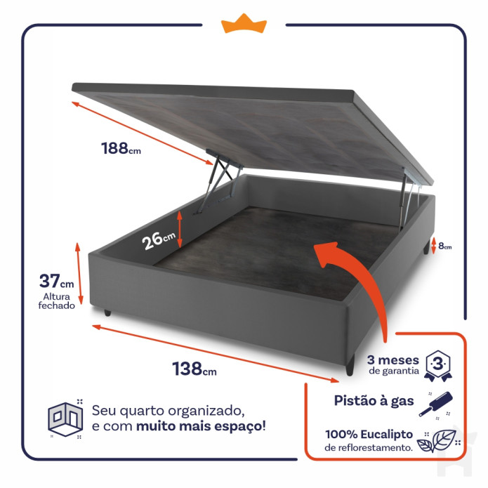 Conjunto Box Baú Bali Relax Cinza 138x188x78 Magnetico