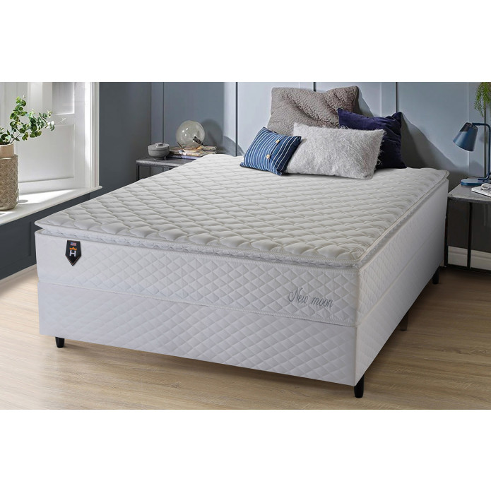 Conjunto Cama Box Casal New Moon 138x188x66 Branco Molas Ensacadas 