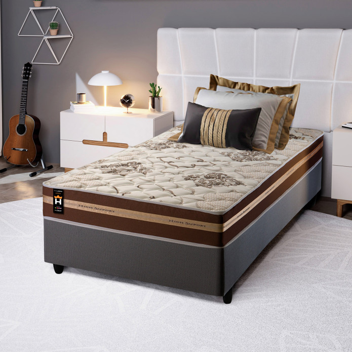 Conjunto Cama Box Espuma Chicago Marrom Solteiro 88x188x57