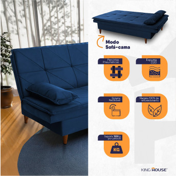 Sofá Cama Pérsia 3 Lugares Suede Velut Azul Marinho - King House